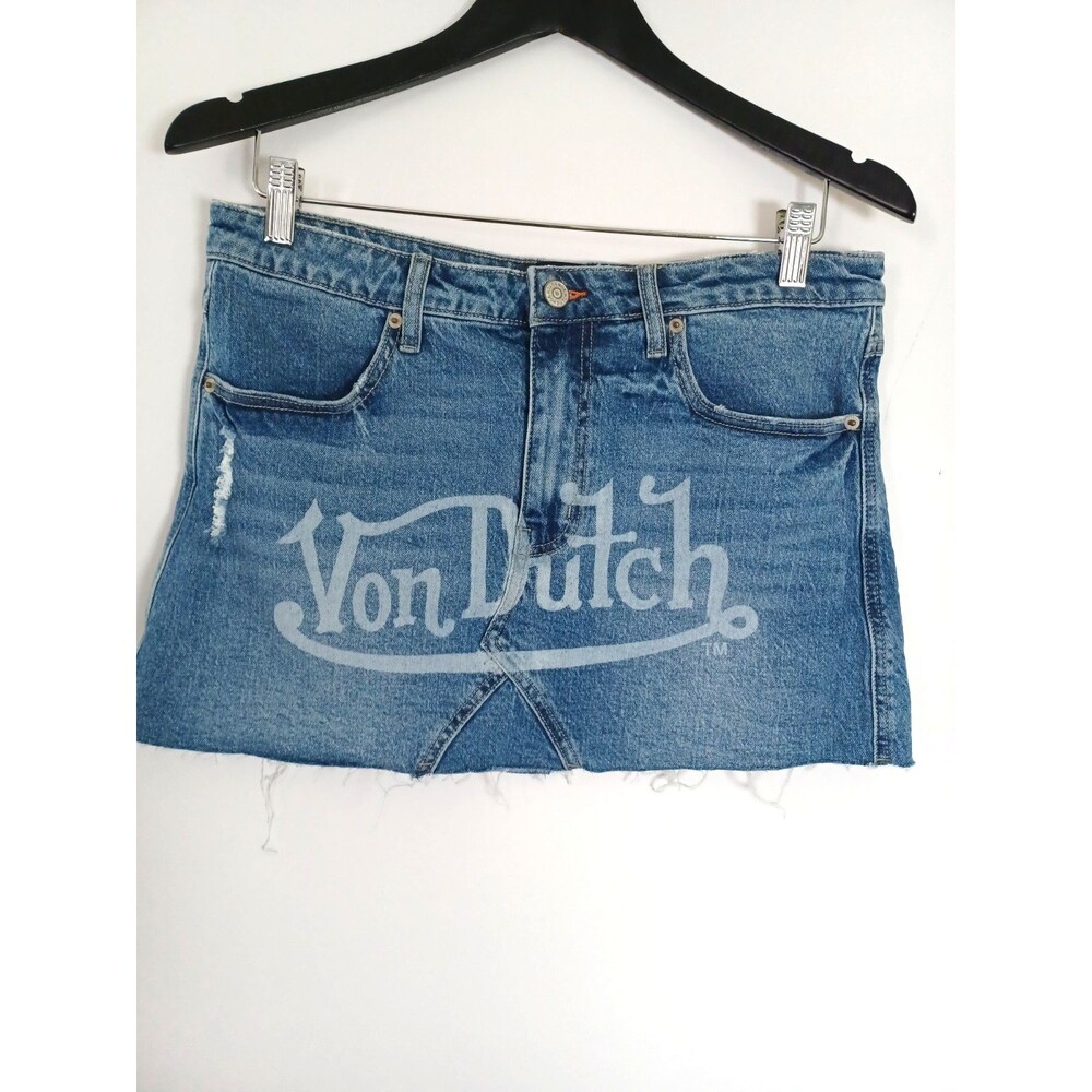 Vntg Von Dutch‎ Originals Denim Mini Skirt Trashy Y2k Spellout Patch Streetwear